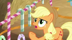 Size: 1280x720 | Tagged: safe, derpibooru import, screencap, applejack, earth pony, pony, the great escape room, female, hay, mare, open mouth, raised hoof, solo