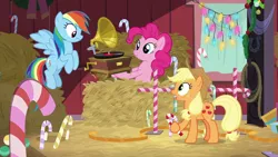 Size: 1280x720 | Tagged: applejack, candy, candy cane, derpibooru import, food, gramophone, hay bale, pinkie pie, rainbow dash, safe, screencap, the great escape room