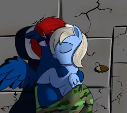 Size: 1540x1369 | Tagged: safe, artist:neuro, derpibooru import, oc, oc:snap roll, oc:tailwind, cockroach, insect, pony, fallout equestria, fallout equestria: frozen skies, cuddling, fanfic art, sleeping, sleeping bag