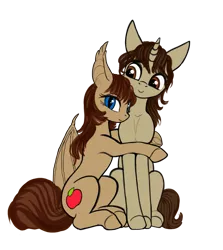 Size: 1231x1381 | Tagged: safe, artist:lunebat, derpibooru import, oc, oc:blas ruis, oc:lunette, bat pony, pony, unicorn, 2019 community collab, derpibooru community collaboration, bat pony oc, bat wings, couple, female, hug, male, mare, runette, simple background, sitting, stallion, transparent background, wings