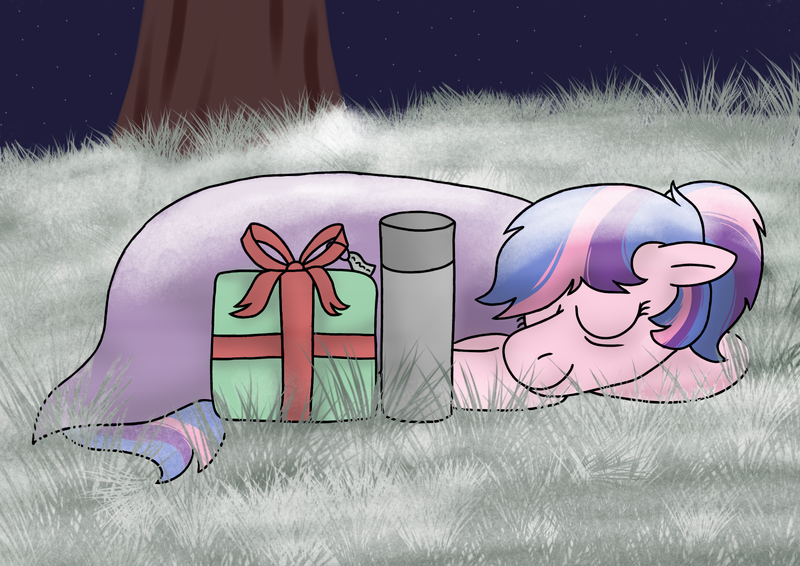 Size: 1941x1373 | Tagged: safe, artist:ficklepickle9421, artist:kindheart525, derpibooru import, oc, oc:galaxy guard, kindverse, offspring, parent:flash sentry, parent:twilight sparkle, parents:flashlight, present, sleeping, solo