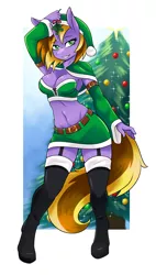 Size: 1752x3075 | Tagged: suggestive, artist:ambris, derpibooru import, oc, oc:kinsley, unofficial characters only, anthro, unguligrade anthro, unicorn, adorasexy, anthro oc, belt, boots, breasts, christmas, christmas tree, cleavage, clothes, commission, cute, elf costume, female, garters, hat, holiday, mare, midriff, miniskirt, mistletoe, santa hat, sexy, shoes, skirt, socks, solo, solo female, thigh boots, thigh highs, tree, ych result