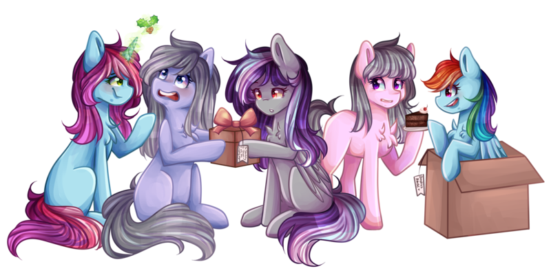 Size: 3000x1487 | Tagged: safe, artist:sketchyhowl, derpibooru import, rainbow dash, oc, oc:rainbow kitty, oc:silver breeze, oc:sketchy howl, earth pony, pegasus, pony, unicorn, box, female, holly, holly mistaken for mistletoe, mare, pony in a box, present, simple background, transparent background