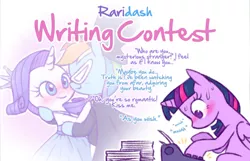 Size: 1050x675 | Tagged: safe, artist:raridashdoodles, derpibooru import, rainbow dash, rarity, twilight sparkle, twilight sparkle (alicorn), alicorn, pony, blushing, clothes, dress, female, lesbian, mask, paper, raridash, raridash writing contest, shipper on deck, shipping, typewriter, writing