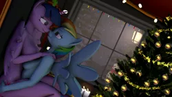 Size: 1920x1080 | Tagged: suggestive, artist:the_fatcat, derpibooru import, rainbow dash, twilight sparkle, twilight sparkle (alicorn), alicorn, anthro, pegasus, plantigrade anthro, art pack:winter wonderland 2019, 2 handfuls of dat ass, 3d, against wall, boop, breasts, candle, christmas, christmas tree, cutie mark, female, holiday, horn, lesbian, noseboop, nudity, shipping, snow, source filmmaker, tail, tree, twidash, window, wings