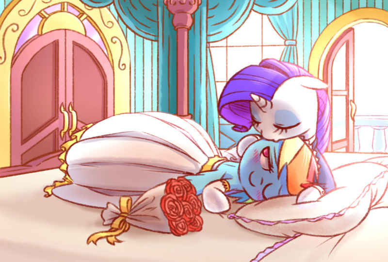 Size: 1174x792 | Tagged: artist:raridashdoodles, blushing, clothes, derpibooru import, dress, female, flower, flower bouquet, lesbian, princess, rainbow dash, raridash, rarity, rose, safe, shipping, suit, sweet dreams fuel, wedding dress, wedding veil