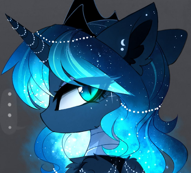 Size: 975x884 | Tagged: safe, artist:magnaluna, derpibooru import, princess luna, alicorn, pony, bust, chest fluff, crown, cute, ear fluff, ethereal mane, eye clipping through hair, female, horn, horn jewelry, jewelry, looking at you, looking back, looking back at you, mare, portrait, pretty, profile, regalia, slit eyes, solo, starry mane, wing fluff