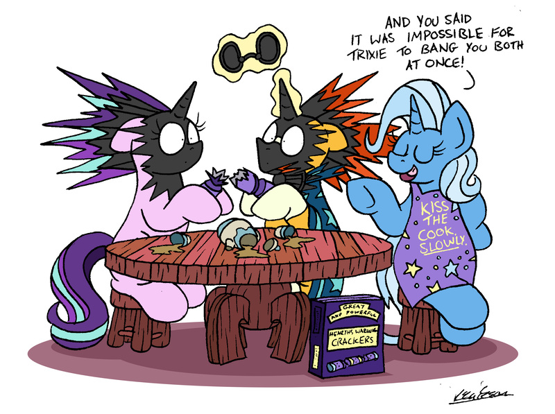 Size: 5723x4270 | Tagged: suggestive, artist:bobthedalek, derpibooru import, starlight glimmer, sunburst, trixie, pony, unicorn, absurd resolution, alternate hairstyle, apron, bisexual, box, christmas cracker, clothes, cup, explosion, female, hearth's warming eve, implied sex, inconvenient trixie, innuendo, kiss the cook, lesbian, magic, male, mare, polyamory, shipping, simple background, smug, soot, stallion, starburst, startrix, startrixburst, straight, table, teacup, teapot, telekinesis, trio, trixburst, white background