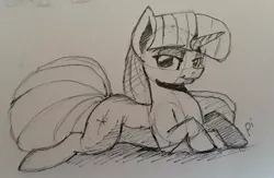 Size: 1000x652 | Tagged: safe, artist:post-it, derpibooru import, twilight sparkle, pony, unicorn, female, ink drawing, lidded eyes, looking at you, mare, monochrome, prone, simple background, sketch, smiling, solo, traditional art, unicorn twilight, white background