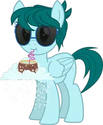 Size: 1200x1461 | Tagged: safe, artist:yoshimon1, derpibooru import, oc, oc:cloudy bits, unofficial characters only, pegasus, pony, 2019 community collab, derpibooru community collaboration, cloud, coconut, description is relevant, drinking, drinking straw, female, food, mare, simple background, snow, snowfall, solo, story included, sunglasses, transparent background
