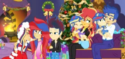 Size: 3452x1628 | Tagged: safe, artist:afterglowsentry, derpibooru import, flash sentry, sunset shimmer, equestria girls, christmas, christmas tree, family, female, fire, fireplace, flashimmer, holiday, male, offspring, older flash sentry, older sunset, parent:flash sentry, parent:sunset shimmer, parents:flashimmer, present, shipping, straight, tree