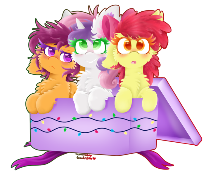 Size: 1024x872 | Tagged: safe, artist:vanillaswirl6, derpibooru import, apple bloom, scootaloo, sweetie belle, pony, bow, box, cheek fluff, chest fluff, christmas, cutie mark crusaders, ear fluff, floppy ears, fluffy, hair bow, holiday, open mouth, pony in a box, pony present, present, redraw, ribbon, signature, simple background, smiling, transparent background