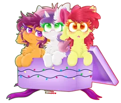 Size: 1024x872 | Tagged: safe, artist:vanillaswirl6, derpibooru import, apple bloom, scootaloo, sweetie belle, pony, bow, box, cheek fluff, chest fluff, christmas, cutie mark crusaders, ear fluff, floppy ears, fluffy, hair bow, holiday, open mouth, pony in a box, pony present, present, redraw, ribbon, signature, simple background, smiling, transparent background
