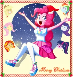 Size: 1160x1220 | Tagged: safe, artist:the-butch-x, derpibooru import, applejack, fluttershy, pinkie pie, rainbow dash, rarity, sci-twi, sunset shimmer, twilight sparkle, equestria girls, equestria girls series, armpits, christmas, christmas card, clothes, female, hat, holiday, humane five, humane seven, humane six, mane six, santa hat, smiling