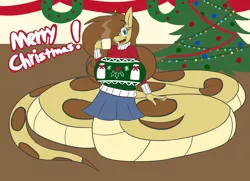 Size: 4184x3036 | Tagged: anthro, artist:metalaura, big breasts, breasts, christmas, christmas lights, christmas sweater, christmas tree, clothes, derpibooru import, female, festive, holiday, huge breasts, impossibly large breasts, lamia, mare, monster girl, monster mare, oc, oc:hissyfit, original species, pleated skirt, safe, skirt, snake, snake pony, solo, sweater, tree, unofficial characters only