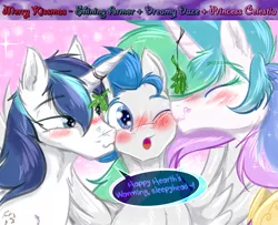 Size: 2400x1952 | Tagged: safe, artist:frist44, derpibooru import, princess celestia, shining armor, oc, oc:dreamy daze, pony, bisexual, blushing, blushing profusely, canon x oc, dialogue, female, heart, infidelity, kiss on the cheek, kiss sandwich, kissing, male, mare, mistletoe, shipping, spread wings, stallion, wingboner, wings