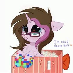 Size: 3000x3000 | Tagged: safe, artist:pesty_skillengton, derpibooru import, oc, oc:pixel berry, unofficial characters only, pony, unicorn, blushing, bow, box, cheek fluff, chest fluff, commission, cute, female, floppy ears, glasses, heart eyes, hooves, horn, mare, pesty's little gift, pony in a box, present, simple background, solo, white background, wingding eyes, ych result