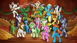 Size: 3840x2160 | Tagged: safe, artist:otkurzacz, derpibooru import, oc, oc:chichi, oc:decibelle, oc:imshadow007, oc:jennabun, oc:luna jax, oc:mandopony, oc:skybolt, oc:turquoise splash, oc:vannamelon, oc:vocalscorepony, unofficial characters only, alicorn, earth pony, pegasus, pony, unicorn, alicorn oc, bass guitar, bow, christmas, christmas tree, clothes, collaboration, cover art, female, flying, guitar, hair bow, hat, holiday, horn, male, mare, musical instrument, santa hat, scarf, signature, singing, stallion, tree, wings