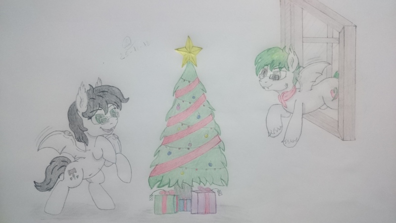 Size: 3840x2160 | Tagged: safe, artist:cloudick, derpibooru import, oc, oc:silver sanction, oc:skipper dust, bat pony, bat pony oc, bat wings, black and white, eeee, grayscale, green eyes, happy christmas, monochrome, skree, traditional art, wings