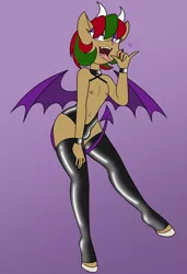 Size: 1280x1869 | Tagged: suggestive, artist:sweetfilthyfun, derpibooru import, oc, oc:attraction, unofficial characters only, anthro, incubus, succubus, unguligrade anthro, bat wings, bedroom eyes, devil tail, fangs, girly, heart, horns, latex, looking at you, male, slit eyes, solo, tongue out, trap, wings