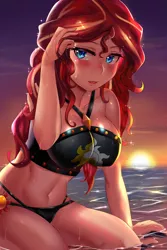 Size: 800x1200 | Tagged: safe, artist:tzc, derpibooru import, sunset shimmer, human, equestria girls, equestria girls series, anime, backlighting, beach, belly button, big breasts, bikini, bikini babe, bikini bottom, bikini top, black swimsuit, blushing, breasts, busty sunset shimmer, cleavage, clothes, cutie mark, cutie mark on clothes, cutie mark swimsuit, dripping, eyelashes, female, human coloration, humanized, jeweled swimsuit, looking at you, open mouth, outdoors, pun, sexy, sitting, skintight clothes, solo, stupid sexy sunset shimmer, summer sunset, sunset, swimsuit, tiny hand, visual pun, water, wet