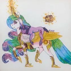 Size: 1280x1280 | Tagged: safe, artist:nightmare-moons-throneroom, derpibooru import, princess celestia, twilight sparkle, alicorn, pony, unicorn, armor, bag, blushing, carrying, cutie mark, duo, female, filly, glowing horn, horn, jewelry, magic, mare, mentor and protege, momlestia, ponies riding ponies, regalia, riding, saddle bag, simple background, sleeping, smiling, telekinesis, traditional art, unicorn twilight, unshorn fetlocks, walking, white background, younger