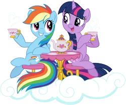 Size: 8000x6732 | Tagged: safe, artist:lahirien, derpibooru import, rainbow dash, twilight sparkle, twilight sparkle (alicorn), alicorn, pegasus, pony, absurd resolution, cloud, cup, cute, dashabetes, duo, female, food, seat, simple background, sitting, smiling, table, tea, tea party, teacup, teapot, transparent background, twiabetes, vector