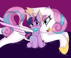 Size: 4590x3746 | Tagged: safe, artist:cuddlelamb, derpibooru import, edit, editor:twilights-secret, princess flurry heart, twilight sparkle, alicorn, pony, age progression, age regression, age swap, baby, baby pony, blushing, chest fluff, diaper, ear fluff, embarrassed, female, filly, foal, hoof fluff, hoof shoes, mare, pacifier, role reversal