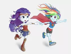 Size: 4600x3526 | Tagged: safe, artist:vyazinrei, derpibooru import, rainbow dash, rarity, equestria girls, armor, armor skirt, armpits, belly button, cape, child, clothes, compression shorts, cosplay, costume, cute, dashabetes, duo, female, jewelry, lasso, midriff, raribetes, rope, running, shoes, short shirt, skirt, sneakers, sports panties, superman, tiara, wedge heel, wonder woman, younger