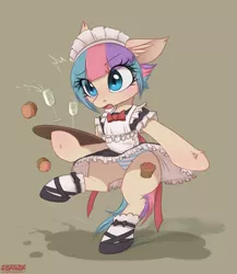 Size: 1517x1747 | Tagged: suggestive, artist:orang111, derpibooru import, oc, oc:sugar muffin, unofficial characters only, earth pony, pony, bipedal, clothes, cute, female, food, hoof hold, maid, mare, moe, muffin, panties, ribbon, shoes, skirt, skirt lift, slipping, socks, solo, striped underwear, this will end in pain, underwear, upskirt, wet floor