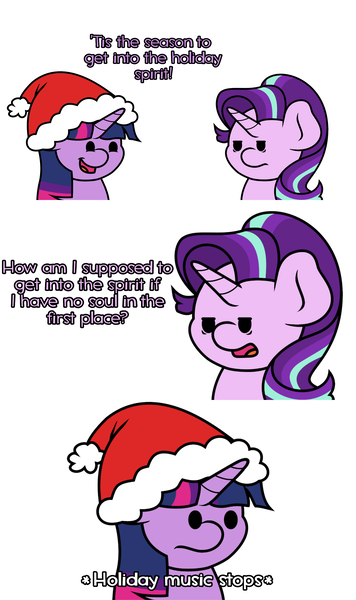 Size: 1920x3240 | Tagged: safe, artist:ljdamz1119, derpibooru import, starlight glimmer, twilight sparkle, pony, unicorn, atheism, beady eyes, christmas, comic, descriptive noise, dialogue, hat, hearth's warming, holiday, onomatopoeia, open mouth, santa hat, soulless, sound effects, twilight is not amused, unamused