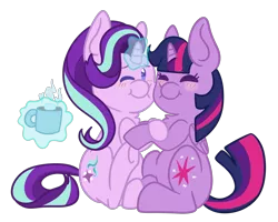 Size: 1500x1200 | Tagged: safe, artist:mimimoo123456789, artist:miss-arts-and-crafts, derpibooru import, starlight glimmer, twilight sparkle, twilight sparkle (alicorn), alicorn, pony, unicorn, blushing, chocolate, cuddling, cup, cute, eyes closed, female, food, glimmerbetes, glowing horn, horn, hot chocolate, lesbian, levitation, magic, nuzzling, one eye closed, shipping, simple background, smiling, telekinesis, transparent background, twiabetes, twistarlight