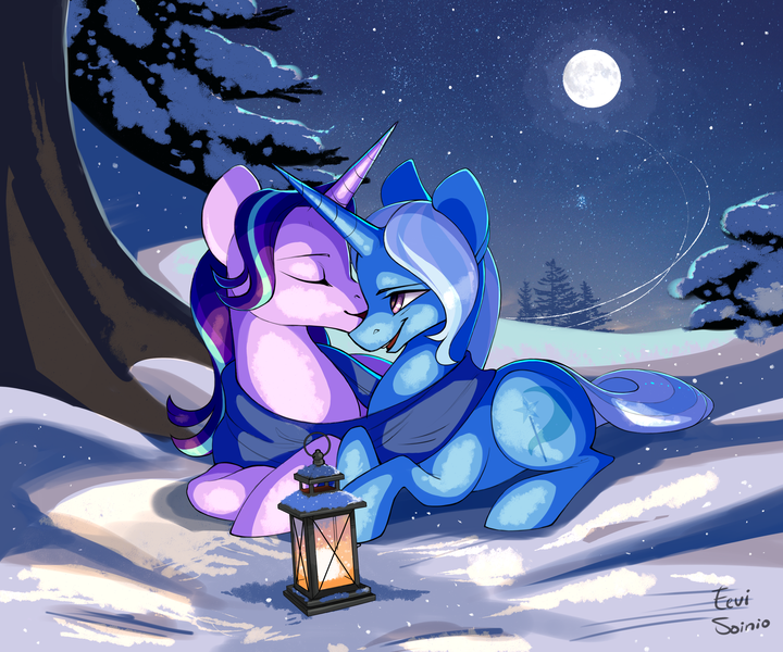 Size: 2800x2333 | Tagged: safe, artist:eeviart, derpibooru import, starlight glimmer, trixie, pony, unicorn, clothes, eyes closed, female, kissing, lantern, lesbian, lying down, night, scarf, shipping, snow, startrix