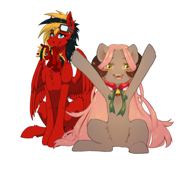 Size: 1400x1400 | Tagged: safe, artist:dagmell, artist:twotail813, derpibooru import, oc, oc:luurei, oc:twotail, unofficial characters only, pegasus, pony, 2019 community collab, derpibooru community collaboration, bell, duo, female, horns, plushie, rcf community, simple background, sitting, transparent background