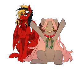 Size: 1400x1400 | Tagged: safe, artist:dagmell, artist:twotail813, derpibooru import, oc, oc:luurei, oc:twotail, unofficial characters only, pegasus, pony, 2019 community collab, derpibooru community collaboration, bell, duo, female, horns, plushie, rcf community, simple background, sitting, transparent background