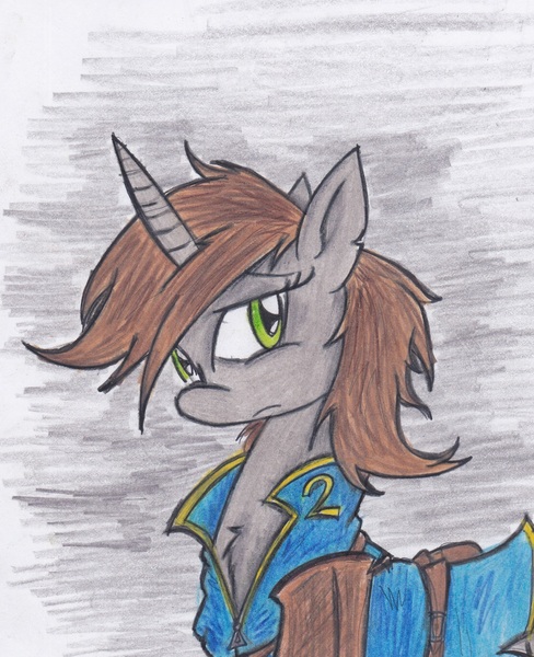 Size: 1753x2157 | Tagged: safe, artist:zubias, derpibooru import, oc, oc:littlepip, pony, unicorn, fallout equestria, fanfic, clothes, fanfic art, female, horn, mare, solo, traditional art, vault suit