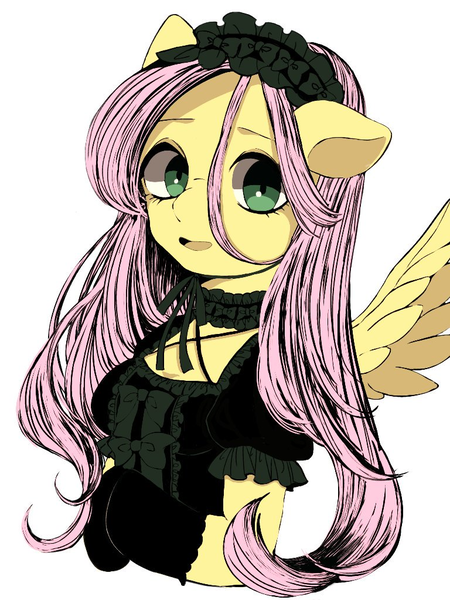 Size: 768x1024 | Tagged: anthro, arm hooves, artist:mi_mi_mi_0820, bust, choker, clothes, derpibooru import, dress, fluttergoth, fluttershy, gloves, gothic, gothic fluttershy, gothic lolita, headband, hooves together, looking at you, open mouth, portrait, ribbon, safe, simple background, solo, spread wings, stray strand, three quarter view, white background, wings