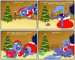 Size: 3040x2440 | Tagged: safe, artist:zoarvek, derpibooru import, princess luna, alicorn, pony, :p, christmas, clothes, comic, costume, dock, female, frog (hoof), high res, holiday, mare, merry christmas, s1 luna, santa costume, signature, solo, text, tongue out, trolluna, underhoof