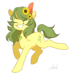 Size: 1000x999 | Tagged: safe, artist:laceymod, derpibooru import, oc, oc:invidia, unofficial characters only, earth pony, pony, eyes closed, female, flower, flower in hair, mare, simple background, solo, sunflower, transparent background