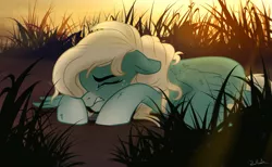 Size: 1280x787 | Tagged: safe, artist:rutkotka, derpibooru import, oc, oc:icy heart, unofficial characters only, pegasus, pony, commission, crying, emotions, female, grass, mare, sadness, scenery, solo, sunrise, ych result