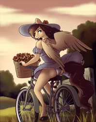 Size: 950x1200 | Tagged: anthro, anthro oc, artist:28gooddays, bicycle, breasts, clothes, commission, derpibooru import, dress, eyeshadow, female, hat, looking back, makeup, mare, oc, oc:amora bunny, panties, pegasus, skirt, skirt lift, solo, solo female, suggestive, underwear, unguligrade anthro, unofficial characters only, upskirt, white underwear, wind, ych result