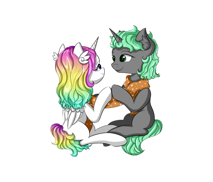 Size: 2800x2400 | Tagged: safe, artist:ctea_coffee, artist:desmond-deng, derpibooru import, oc, oc:aurora twinkle, oc:rosecloud dreamy, unofficial characters only, alicorn, pony, unicorn, 2019 community collab, derpibooru community collaboration, alicorn oc, duo, eye contact, horn, looking at each other, simple background, sitting, smiling, transparent background, wings