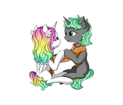 Size: 2800x2400 | Tagged: safe, artist:ctea_coffee, artist:desmond-deng, derpibooru import, oc, oc:aurora twinkle, oc:rosecloud dreamy, unofficial characters only, alicorn, pony, unicorn, 2019 community collab, derpibooru community collaboration, alicorn oc, duo, eye contact, horn, looking at each other, simple background, sitting, smiling, transparent background, wings