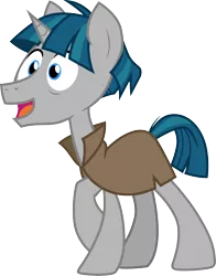 Size: 3000x3829 | Tagged: safe, artist:cloudyglow, derpibooru import, stygian, pony, unicorn, shadow play, .ai available, clothes, happy, high res, male, open mouth, simple background, solo, stallion, transparent background, vector