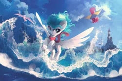 Size: 3000x2000 | Tagged: safe, artist:freeedon, derpibooru import, oc, oc:cynosura, oc:katie, unofficial characters only, bird, pegasus, pony, seagull, clothes, cloud, digital art, duo, female, flying, high res, mare, non-pony oc, ocean, scarf, signature, sky, smiling, smirk, spread wings, surfing, water, wings
