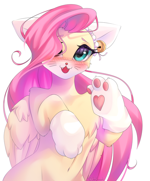 Size: 3000x3624 | Tagged: safe, artist:jun1313, derpibooru import, fluttershy, cat, pegasus, pony, animal costume, bell, blushing, cat bell, chest fluff, clothes, costume, cute, daaaaaaaaaaaw, female, fluttercat, high res, hnnng, mare, mask, paw gloves, paw prints, shyabetes, simple background, solo, transparent background, weapons-grade cute