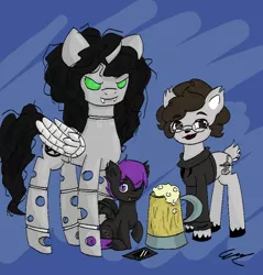 Size: 915x957 | Tagged: safe, artist:emss9, derpibooru import, oc, oc:embot, oc:onyx, oc:volt, unofficial characters only, pony, robot, robot pony, 80s hair, alcohol, beer, ipad, volkswagen, white changeling