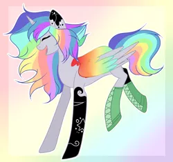Size: 1948x1828 | Tagged: safe, artist:northlis, derpibooru import, oc, oc:pastel chole, unofficial characters only, alicorn, pony, abstract background, alicorn oc, boots, clothes, commission, cute, eyes closed, female, freckles, horn, mare, multicolored hair, open mouth, rainbow hair, raised hoof, shoes, solo, tattoo, wings