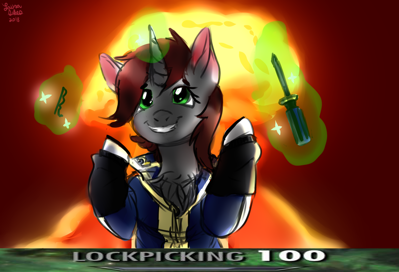 Size: 1500x1024 | Tagged: safe, artist:brainiac, derpibooru import, oc, oc:littlepip, pony, unicorn, fallout equestria, fanfic, balefire bomb, bobby pin, bobbypin, chest fluff, clothes, explosion, fanfic art, female, glowing horn, grin, hooves, horn, levitation, lockpicking, magic, magic aura, mare, megaspell, megaspell explosion, meme, mushroom cloud, nuclear explosion, screwdriver, signature, skyrim lockpick 100, smiling, solo, sparkles, telekinesis, text, vault suit