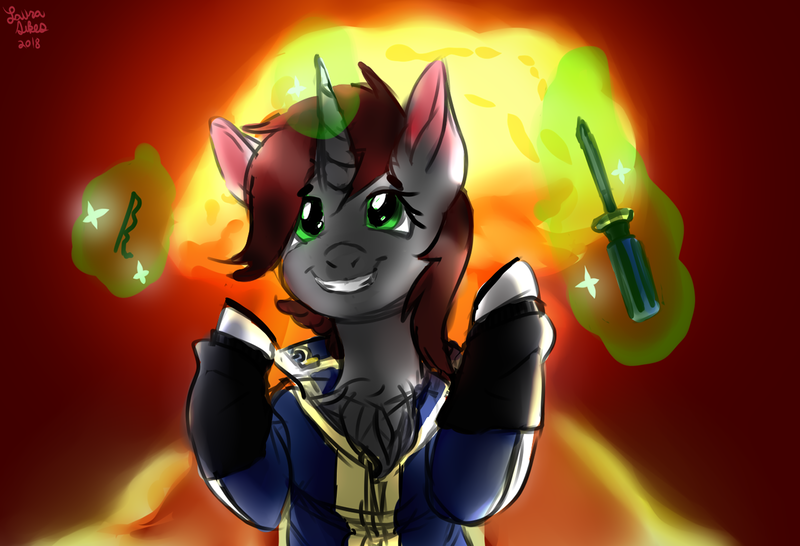 Size: 1500x1024 | Tagged: safe, alternate version, artist:brainiac, derpibooru import, oc, oc:littlepip, pony, unicorn, fallout equestria, fanfic, balefire bomb, bobbypin, chest fluff, clothes, explosion, fanfic art, female, glowing horn, grin, hooves, horn, levitation, lockpicking, magic, magic aura, mare, megaspell, megaspell explosion, mushroom cloud, nuclear explosion, screwdriver, signature, smiling, solo, sparkles, telekinesis, vault suit